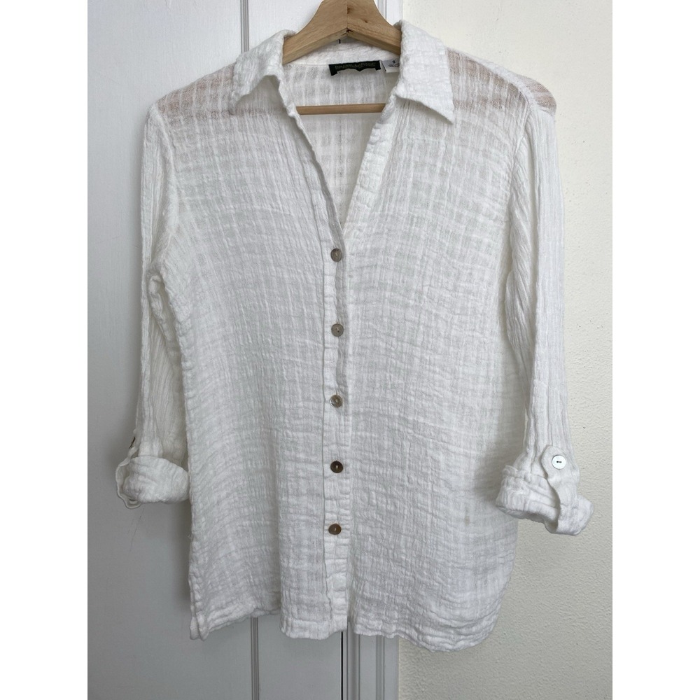 Harve Benard Women's S White 100% Gauzy Linen Roll Tab Sleeve Button Up Shirt - Picture 2 of 7